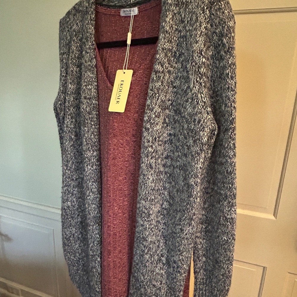 LOFT Gray Open-Front Cardigan Sweater Marled Gray Burgundy White Size Small - Picture 12 of 13